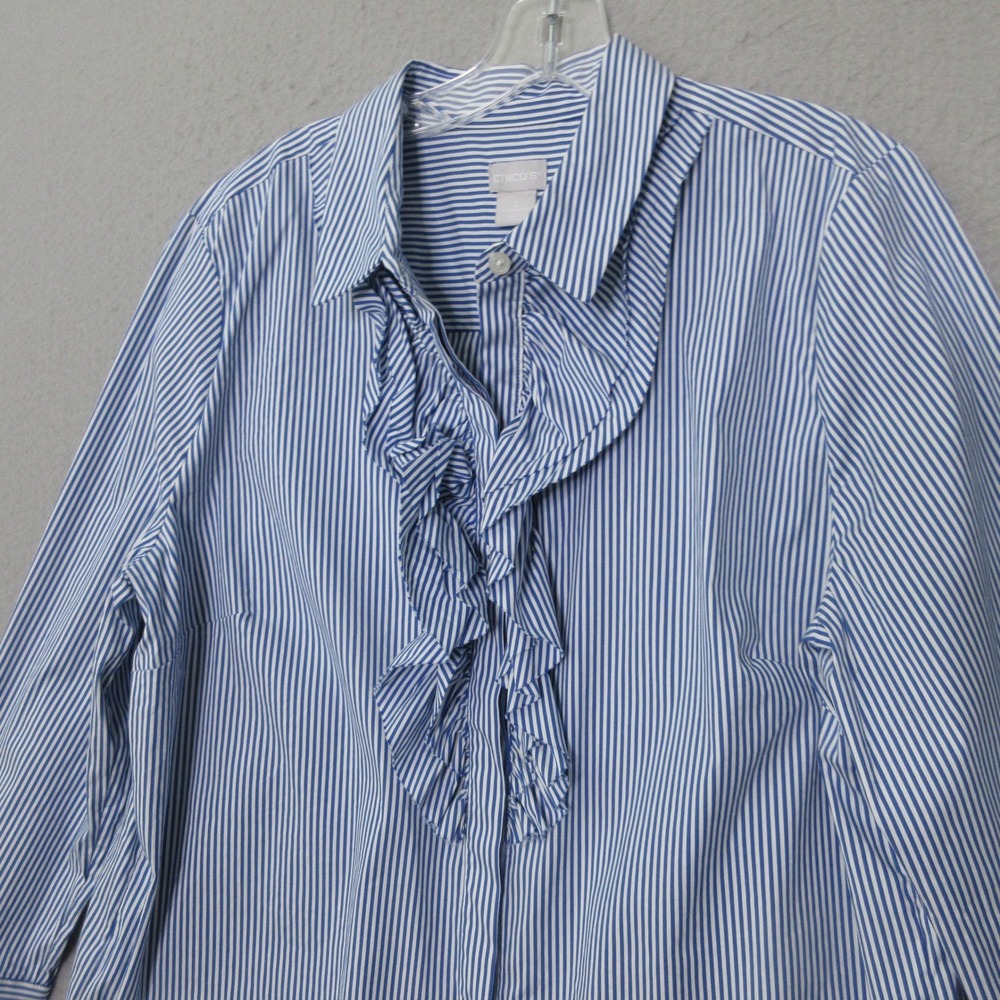 Chicos Top Blue Ruffle Front Stripe Button Down Career Statement Preppy Academia